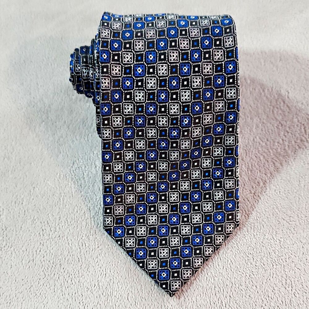 Bill Robinson Men's Geometric Tie Woven 100% Polyester Blue Black White Handmade